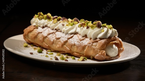 a pastry with whipped cream, pistachios, and pistachios on it on a white plate.