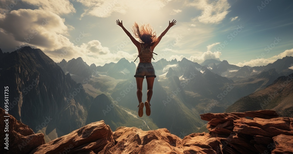 Fototapeta premium young woman jumping for joy on the mountains