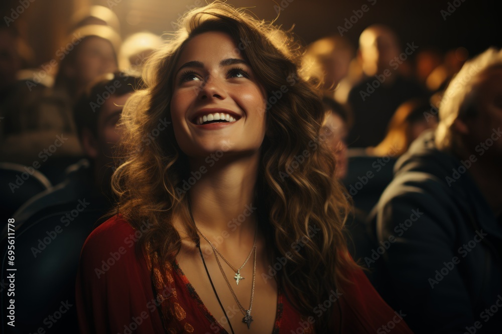 Joyful Audience Member. A smiling woman, caught in the ambient light of a theater, reflects the happiness and engagement of being part of an audience.