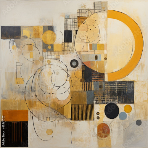 Abstract geometric painting with circles and squares in earth tones and orange accents.