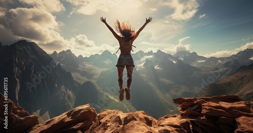 young woman jumping for joy on the mountains photo