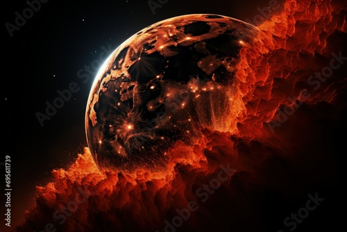 Cosmic Inferno. A planet emerges from fiery chaos  evoking a sense of catastrophic beauty and the raw power of the universe.