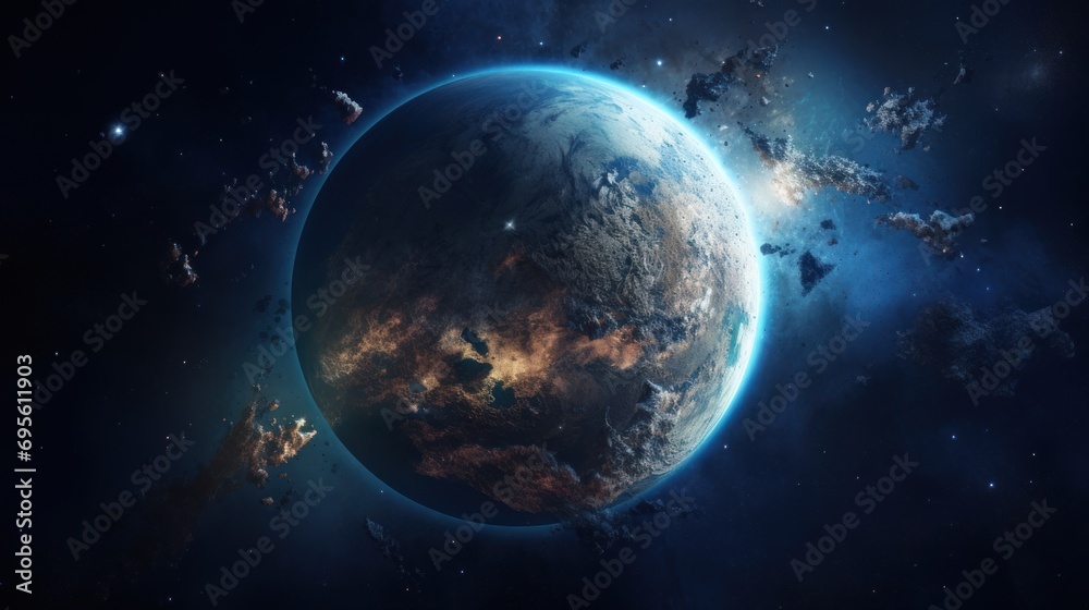  an artist's rendering of a planet with a star cluster in the foreground and a distant star cluster in the background.