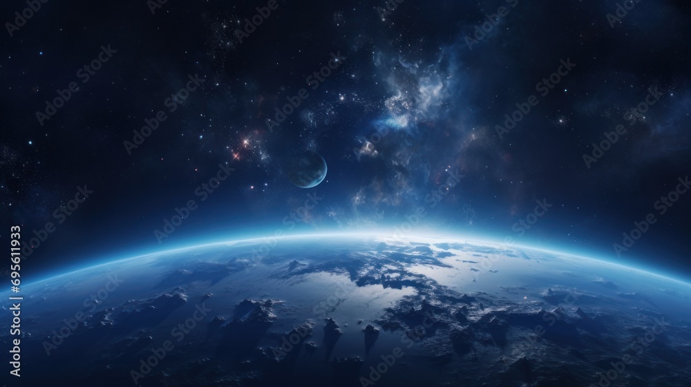  a view of the earth from space, with the moon and stars in the sky, and the earth in the foreground.