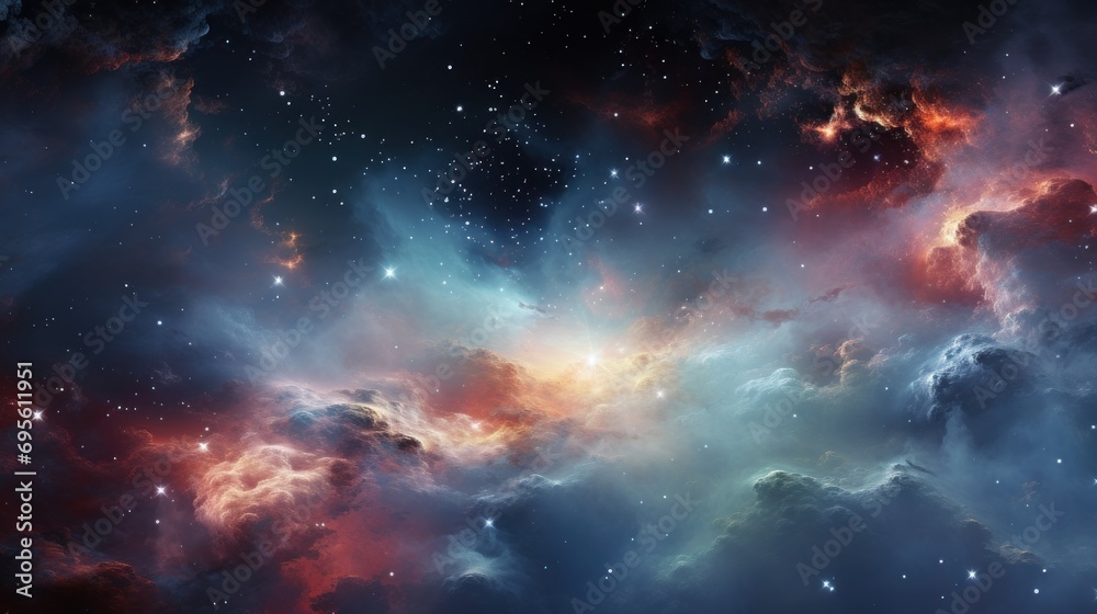  an image of a space scene with stars and clouds in the foreground and a blue sky filled with stars and clouds in the background.