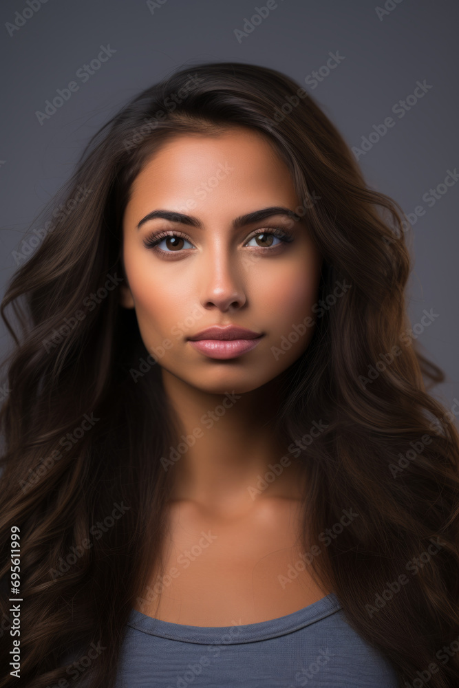 Portrait of a young woman with long wavy hair, wearing a blue top, with a soft focused, grey background.