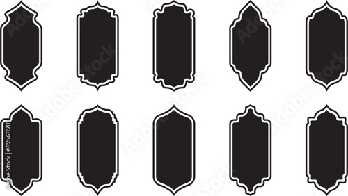 Islamic shape, indian arch, arab frame, ramadan ornament, islam door or window, east black silhouette isolated on white background. Oriental vector illustration