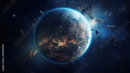  an artist's rendering of a planet with a star cluster in the foreground and a distant star cluster in the background.
