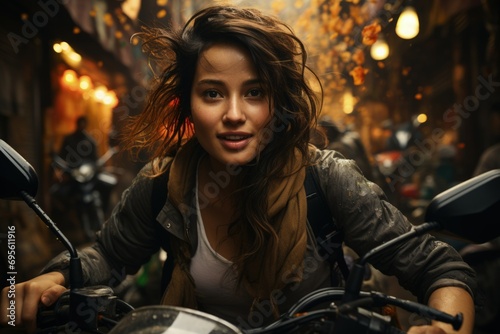 Adventurous Woman on Motorcycle, her exhilarated expression conveys freedom and the thrill of a bustling city ride.