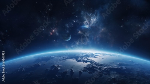  a view of the earth from space, with the moon and stars in the sky, and the earth in the foreground.