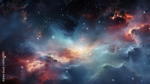  an image of a space scene with stars and clouds in the foreground and a blue sky filled with stars and clouds in the background.