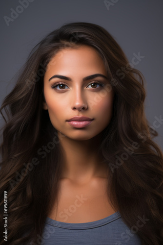 Obraz na płótnie Portrait of a young woman with long wavy hair, wearing a blue top, with a soft focused, grey background. w salonie