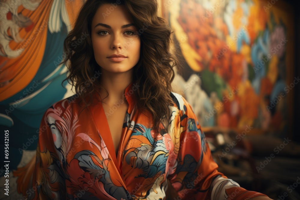 Elegantly Poised Woman with Floral Backdrop, her captivating gaze and stylish attire resonate with artistic flair and sophistication.