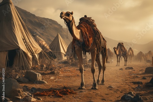 Camel in Desert Camp, a serene dawn scene reflecting traditional nomadic life and the enduring spirit of desert fauna.