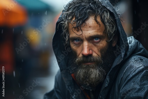 Portrait of Man in Rain, weathered face and intense gaze, portraying hardship and resilience in the storm.