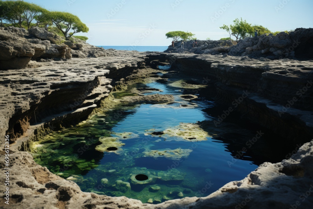 Natural rock pools by the sea, serene and untouched, inviting exploration and reflection on nature’s beauty.