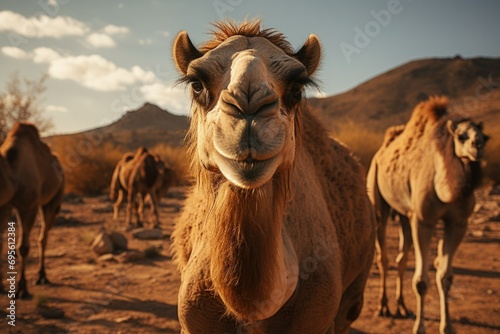 Curious camel facing the camera in a desert landscape  embodying the essence of wildlife and adventure.