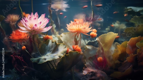  a group of water lilies floating in a pond with other water lilies in front of a fish tank.
