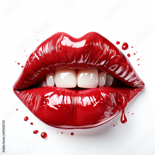 Glossy red lips with dripping liquid art on a white background.
