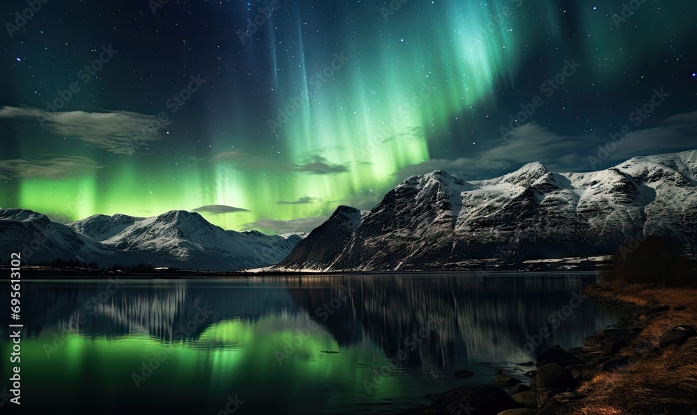 Northern Lights Over Snowy Fjord and Stars