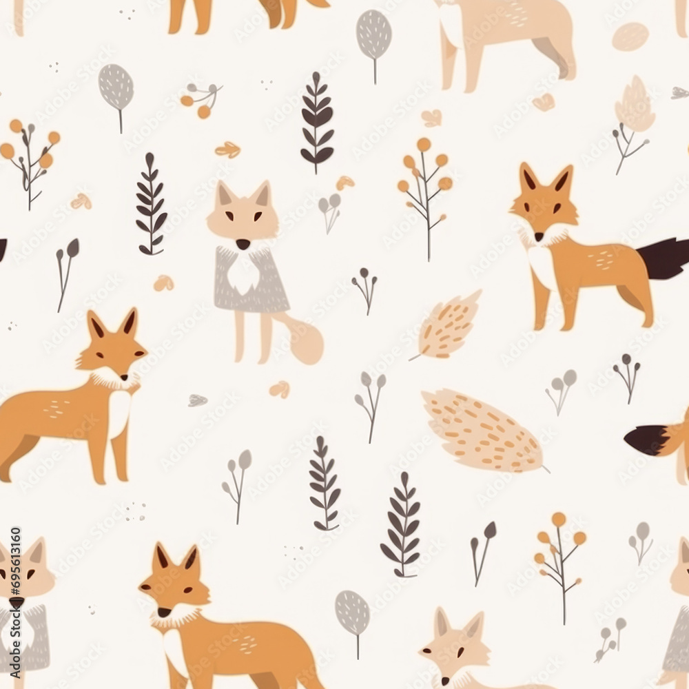 Seamless pattern with orange foxes and neutral botanical elements on a light background.