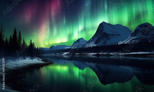 Mirrored Aurora Lights over Mountain Fjord