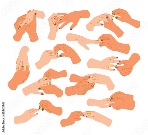 Hand Putting a Ring Finger set collection, marriage hands, Man putting a diamond ring on woman’s finger, Hand placing an engagement or wedding ring on a finger, vector illustration