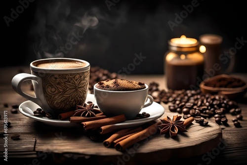 taza de ceramica con cafe sobre mesa de madera y fondo oscuro desenfocado con decoracion de granos de cafe, canela, anis y dulces.ilustracion de ia generativa- photo