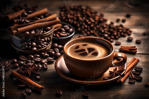 taza de ceramica con cafe sobre mesa de madera y fondo oscuro desenfocado con decoracion de granos de cafe, canela, anis y dulces.ilustracion de ia generativa-