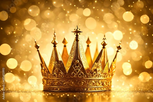 tres coronas doradas de los reyes magos de oriente sobre fondo bokeh dorado photo