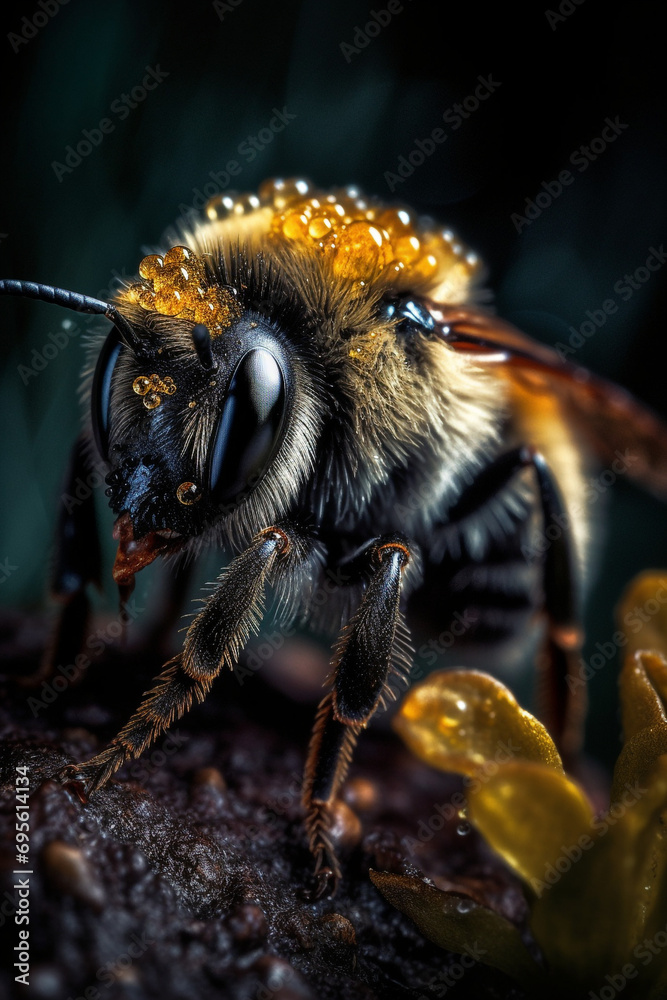 Macro shot of a bumble bee playing at flower created with Generative Ai Macro shot of a bumble bee playing at flower created with Generative Ai
