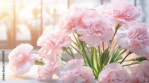 a bouquet of pink carnations on a window sill with the sun shining through the window behind them. © Anna