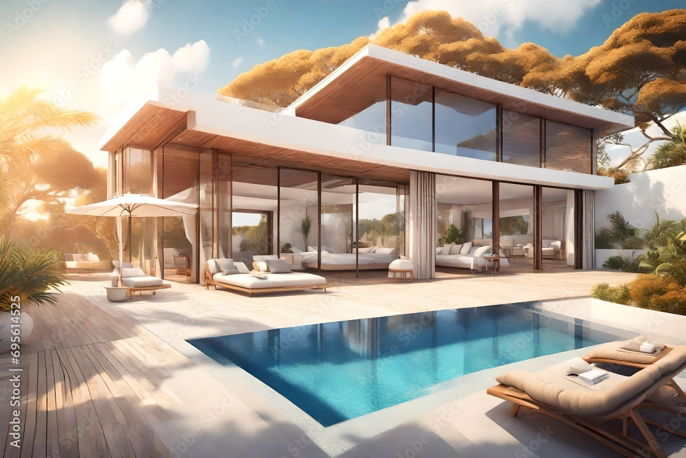 Relaxing summer, Sunbathing deck and private swimming pool with near beach and panoramic sea view at luxury house /3d rendering - obrazy, fototapety, plakaty 