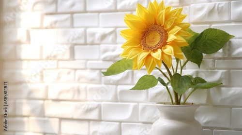  a white vase with a yellow sunflower in it on a white brick wall with sunlight coming through the window.