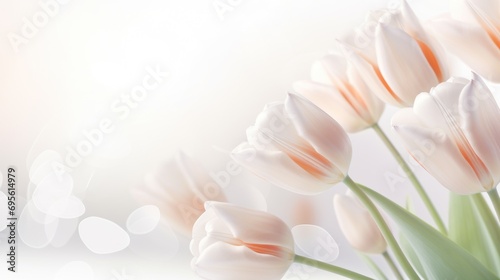  a close up of a bunch of white tulips on a white background with a boke of light in the background.