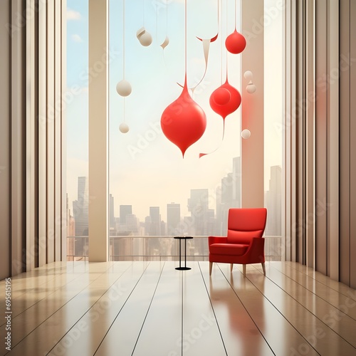 Interior de sofa rojo con lámparas colgantes. Render realista Generado con tecnología IA
