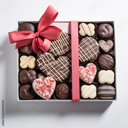 Valentine's gift box, adorned with a selection of gourmet chocolates and artisanal cookies, presented in a simple yet stylish manner against a clean white backdrop