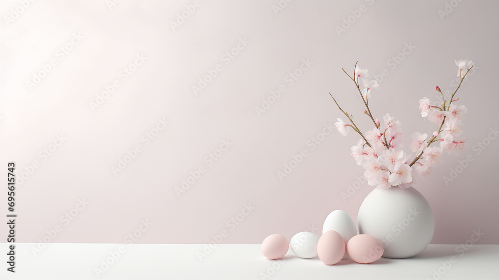 Pastel Easter Eggs and Spring Blossoms Display