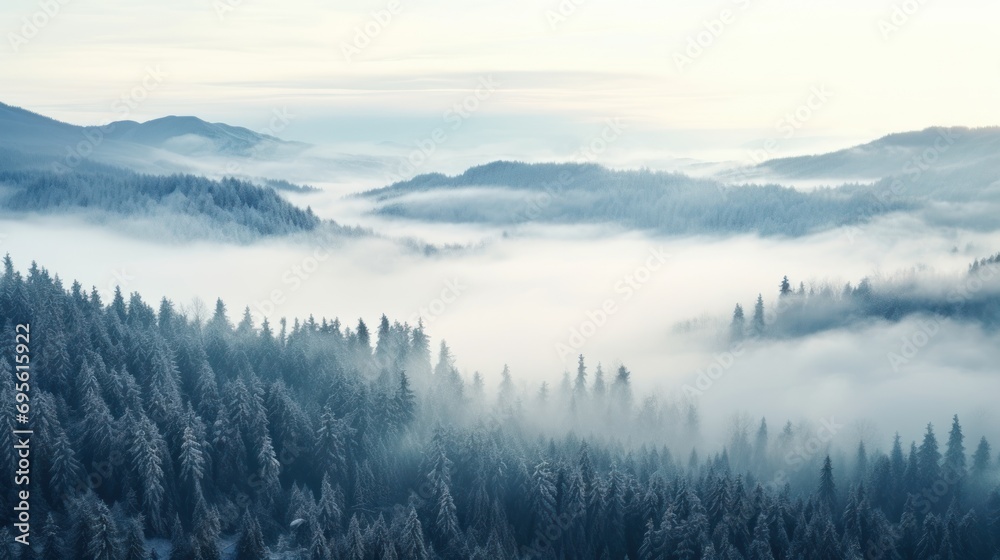  a forest filled with lots of trees covered in a blanket of fog and smoggy clouds in the distance.