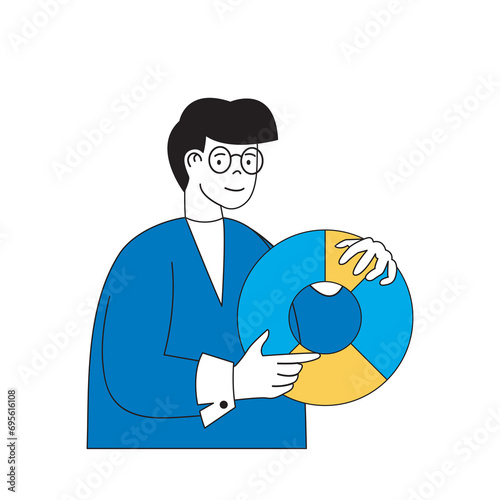 Business concept with cartoon people in flat design for web. Man analyzes financial data at diagram, calculating and auditing revenue. Vector illustration for social media banner, marketing material.
