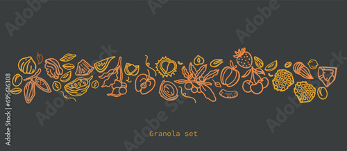 Granola hand drawn vector set. Crunches. Oats with fruits, berries, nuts, cocoa, tasty cereal ingredients.