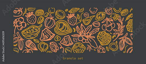 Granola hand drawn vector set. Crunches. Oats with fruits, berries, nuts, cocoa, tasty cereal ingredients.