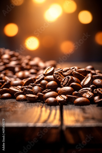 coffee beans scattered on a wooden table with nice bokeh