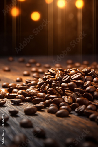 coffee beans scattered on a wooden table with nice bokeh