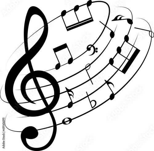 Music notes on rounded shape, black musical element, vector illustration.