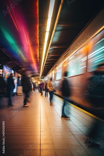 Colorful blur of people descending from a subway train onto the platform, vibrancy of urban life