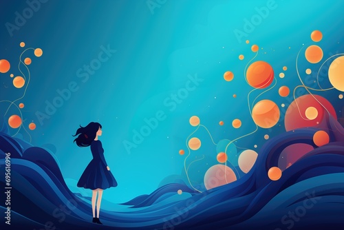 Woman in blue dress standing on the background of scientific bols..  Abstract background for International Day of Women and Girls in Science or Mathematics and Statistics Awareness Month photo