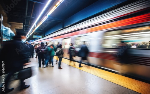 Colorful blur of people descending from a subway train onto the platform, vibrancy of urban life