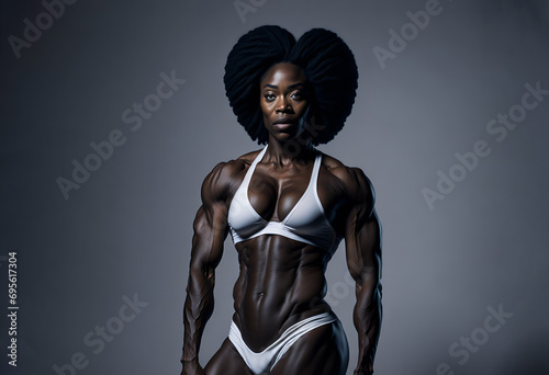 Muscular attractive young black woman posing with copy space