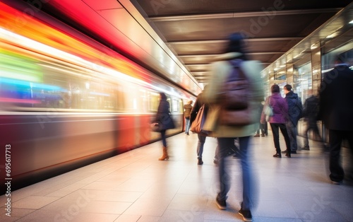 Colorful blur of people descending from a subway train onto the platform,  vibrancy of urban life